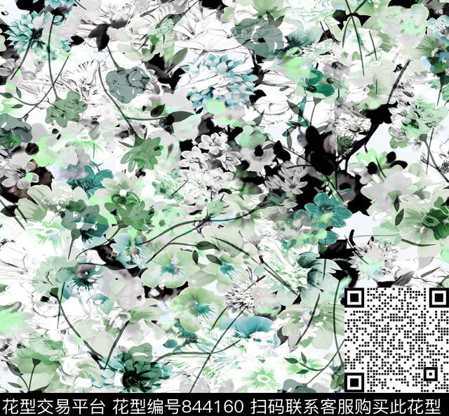 乱花花卉水彩数码印花华亿平台下载（图片编号: 844160） - 瓦栏（Walan）