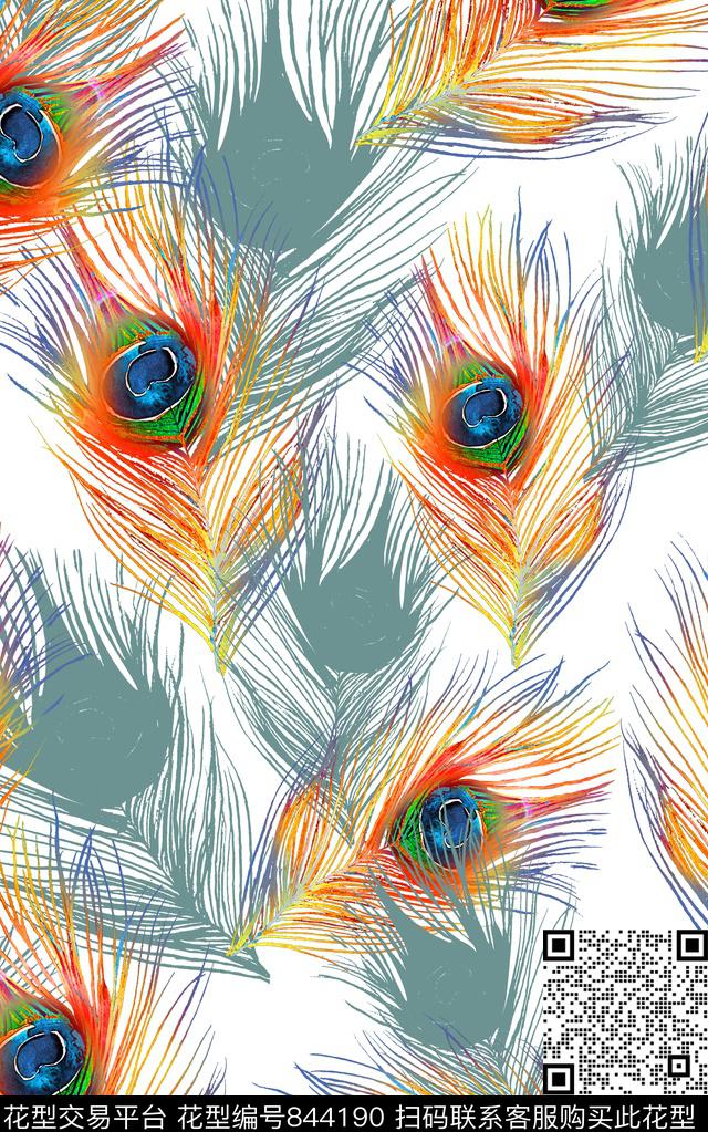 羽毛鸟孔雀数码印花华亿平台下载（图片编号: 844190） - 瓦栏（Walan）