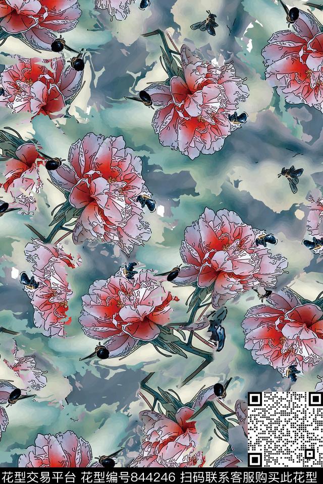 花卉花朵手绘风格数码印花华亿平台下载（图片编号: 844246） - 瓦栏（Walan）