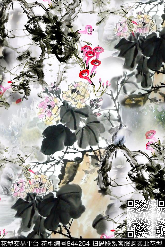 手绘花乱花中国风数码印花华亿平台下载（图片编号: 844254） - 瓦栏（Walan）