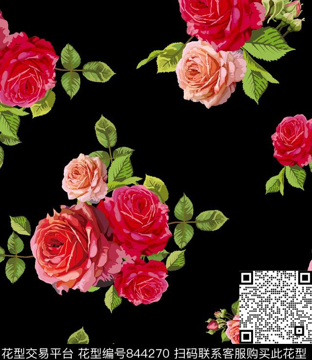 玫瑰花朵花卉数码印花华亿平台下载（图片编号: 844270） - 瓦栏（Walan）