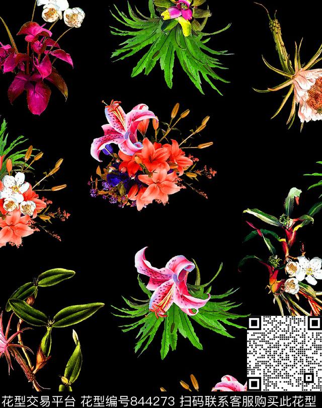 康乃馨百合花朵数码印花华亿平台下载（图片编号: 844273） - 瓦栏（Walan）