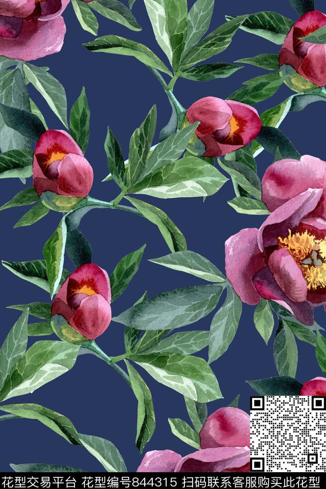 大花乱花水彩手绘花卉数码印花华亿平台下载（图片编号: 844315） - 瓦栏（Walan）