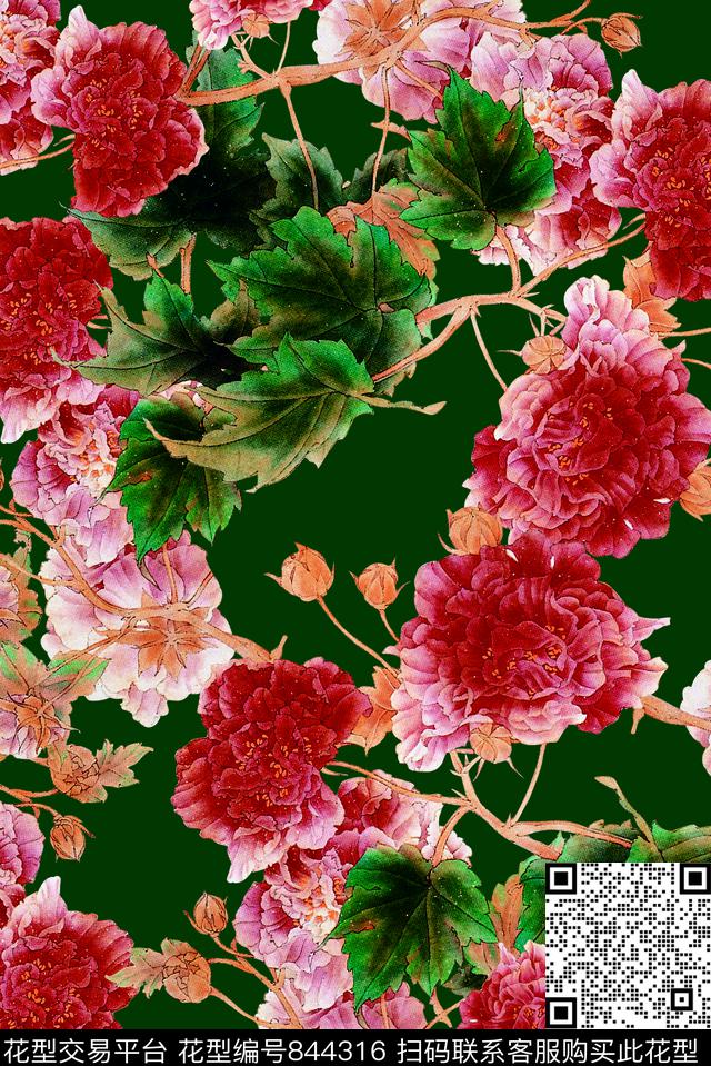 牡丹花朵花卉数码印花华亿平台下载（图片编号: 844316） - 瓦栏（Walan）