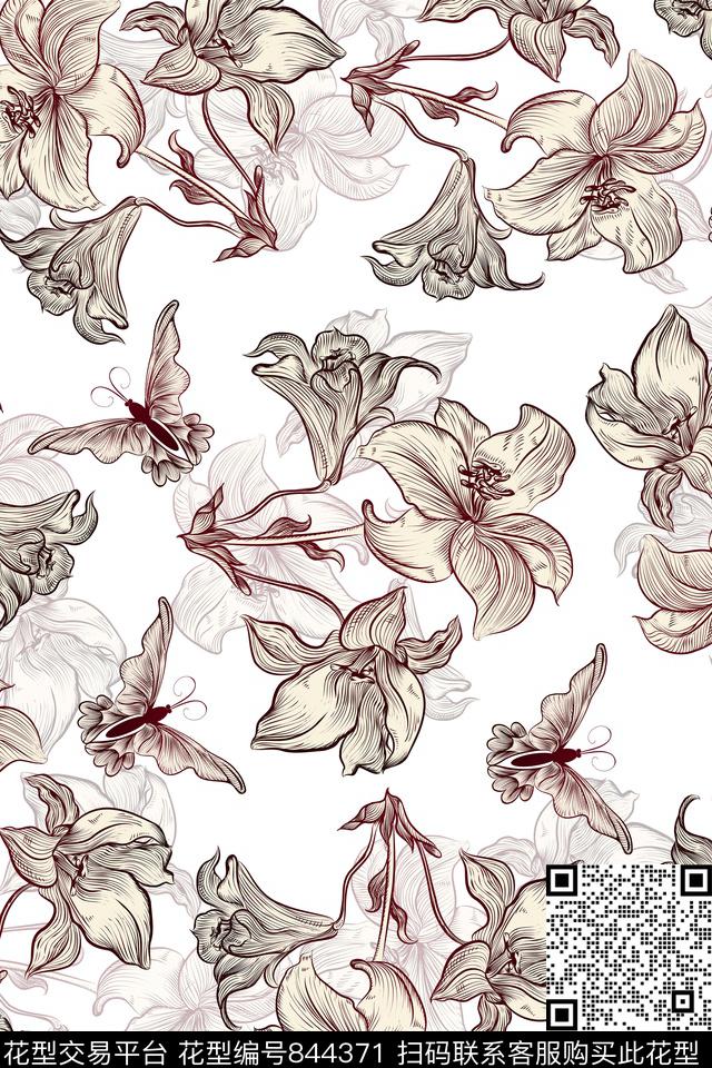 手绘花卉花纹蝴蝶传统印花华亿平台下载（图片编号: 844371） - 瓦栏（Walan）