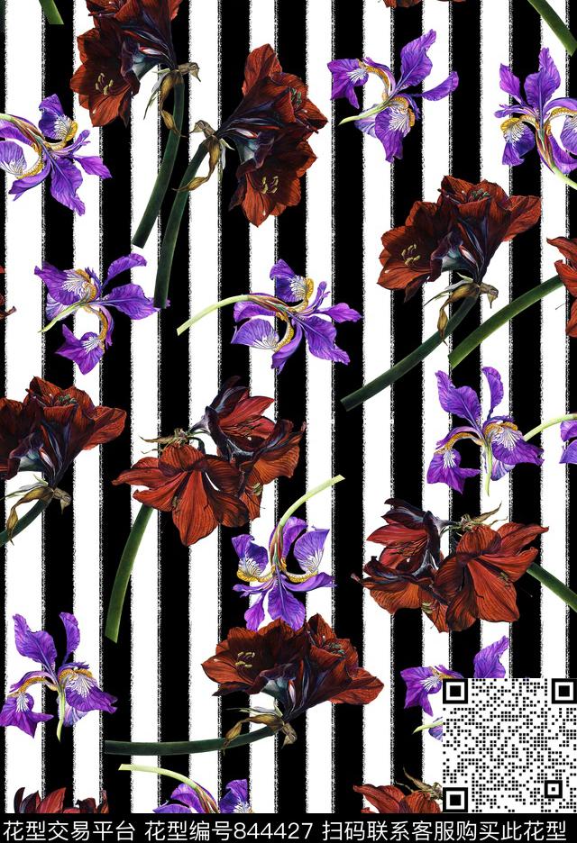 黑白条纹几何百合数码印花华亿平台下载（图片编号: 844427） - 瓦栏（Walan）