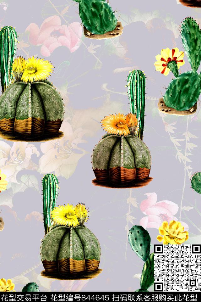 时尚手绘仙人球数码印花华亿平台下载（图片编号: 844645） - 瓦栏（Walan）