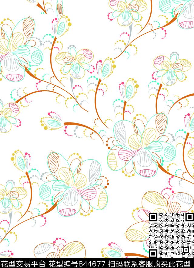 大花花朵花卉传统印花华亿平台下载（图片编号: 844677） - 瓦栏（Walan）