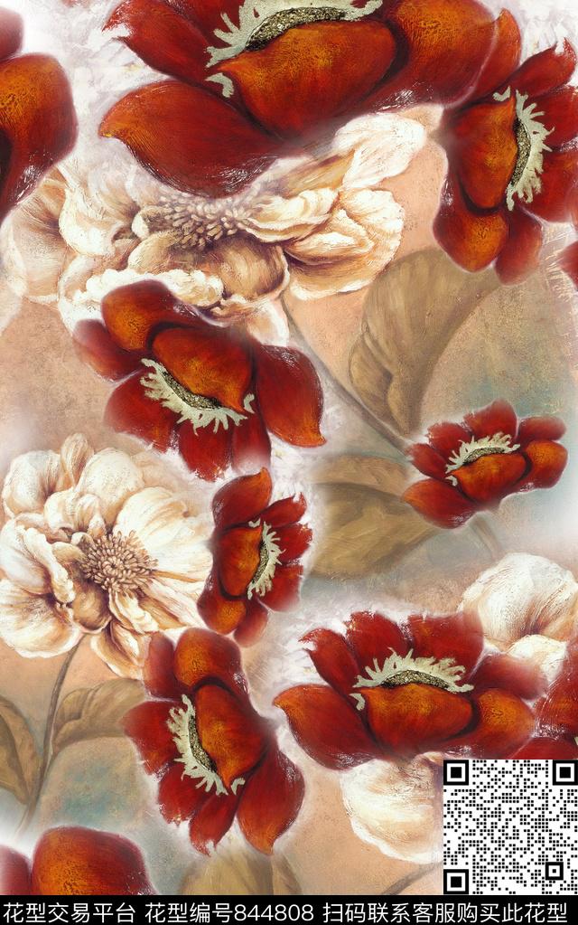 花卉油画风花朵数码印花华亿平台下载（图片编号: 844808） - 瓦栏（Walan）