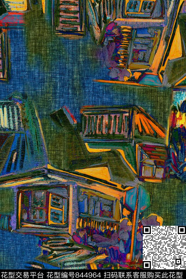 几何建筑牛仔数码印花华亿平台下载（图片编号: 844964） - 瓦栏（Walan）