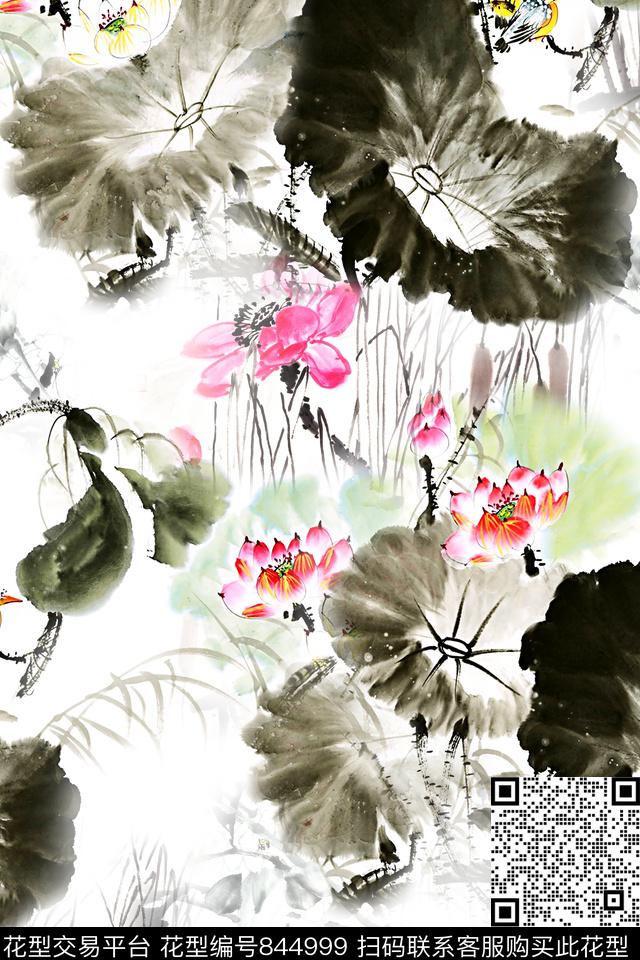 国画花中国风手绘荷花数码印花华亿平台下载（图片编号: 844999） - 瓦栏（Walan）
