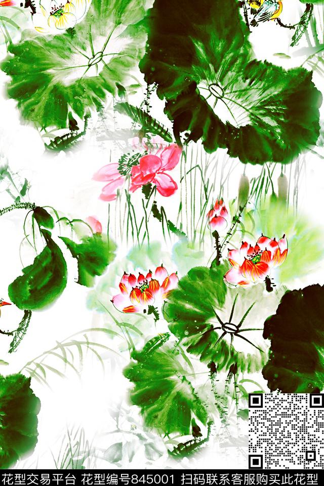 国画花中国风手绘荷花数码印花华亿平台下载（图片编号: 845001） - 瓦栏（Walan）