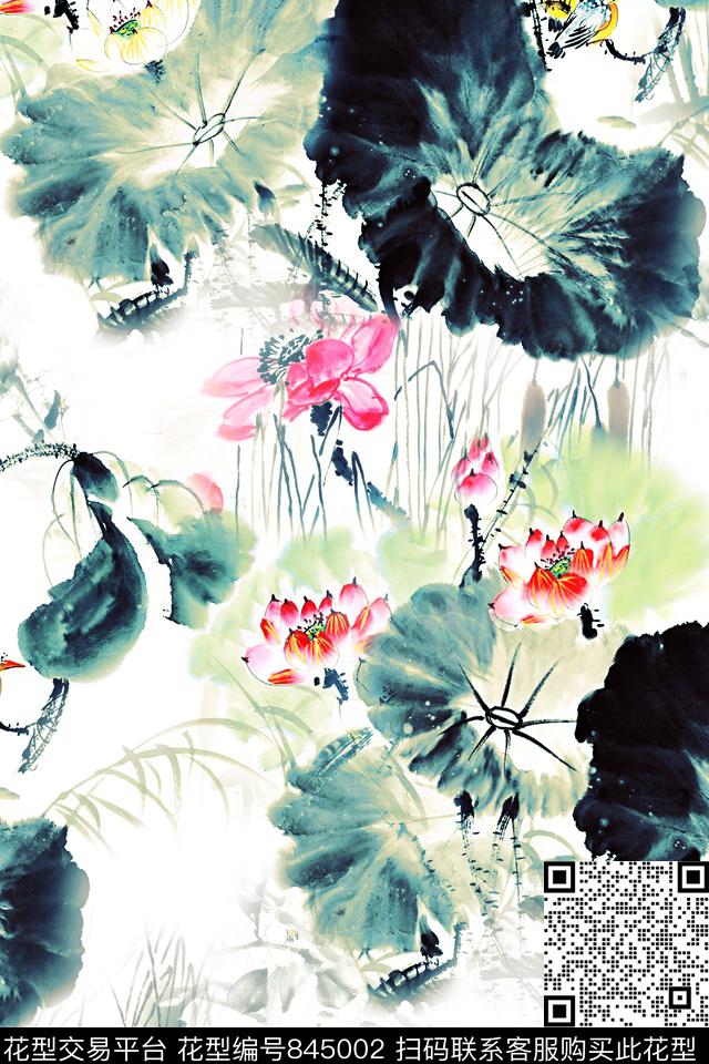 国画花中国风手绘荷花数码印花华亿平台下载（图片编号: 845002） - 瓦栏（Walan）