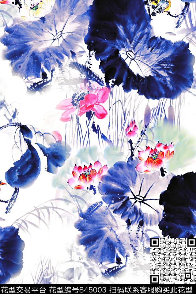 国画花中国风手绘荷花数码印花华亿平台下载（图片编号: 845003） - 瓦栏（Walan）