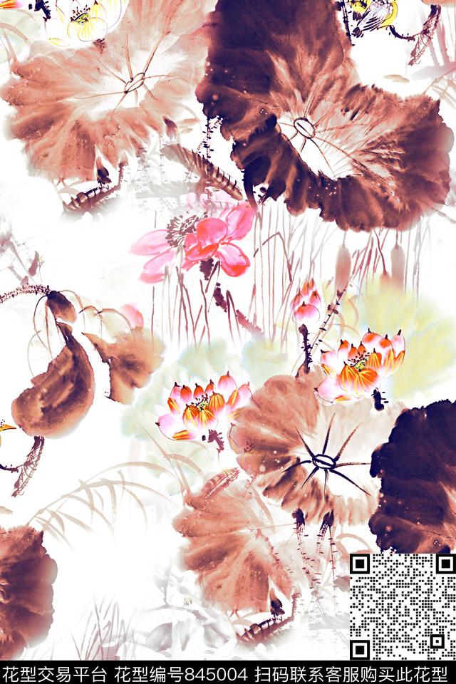 国画花中国风手绘荷花数码印花华亿平台下载（图片编号: 845004） - 瓦栏（Walan）
