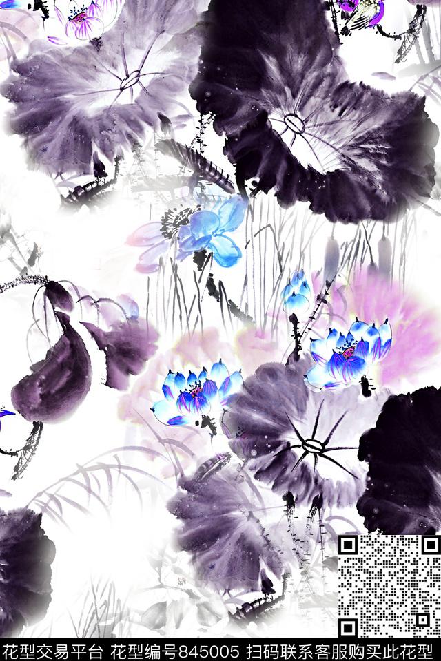 国画花中国风手绘荷花数码印花华亿平台下载（图片编号: 845005） - 瓦栏（Walan）