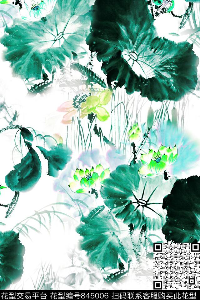 国画花中国风手绘荷花数码印花华亿平台下载（图片编号: 845006） - 瓦栏（Walan）