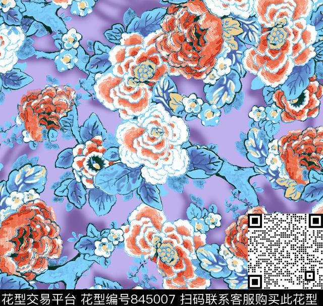 花卉云纹花朵数码印花华亿平台下载（图片编号: 845007） - 瓦栏（Walan）