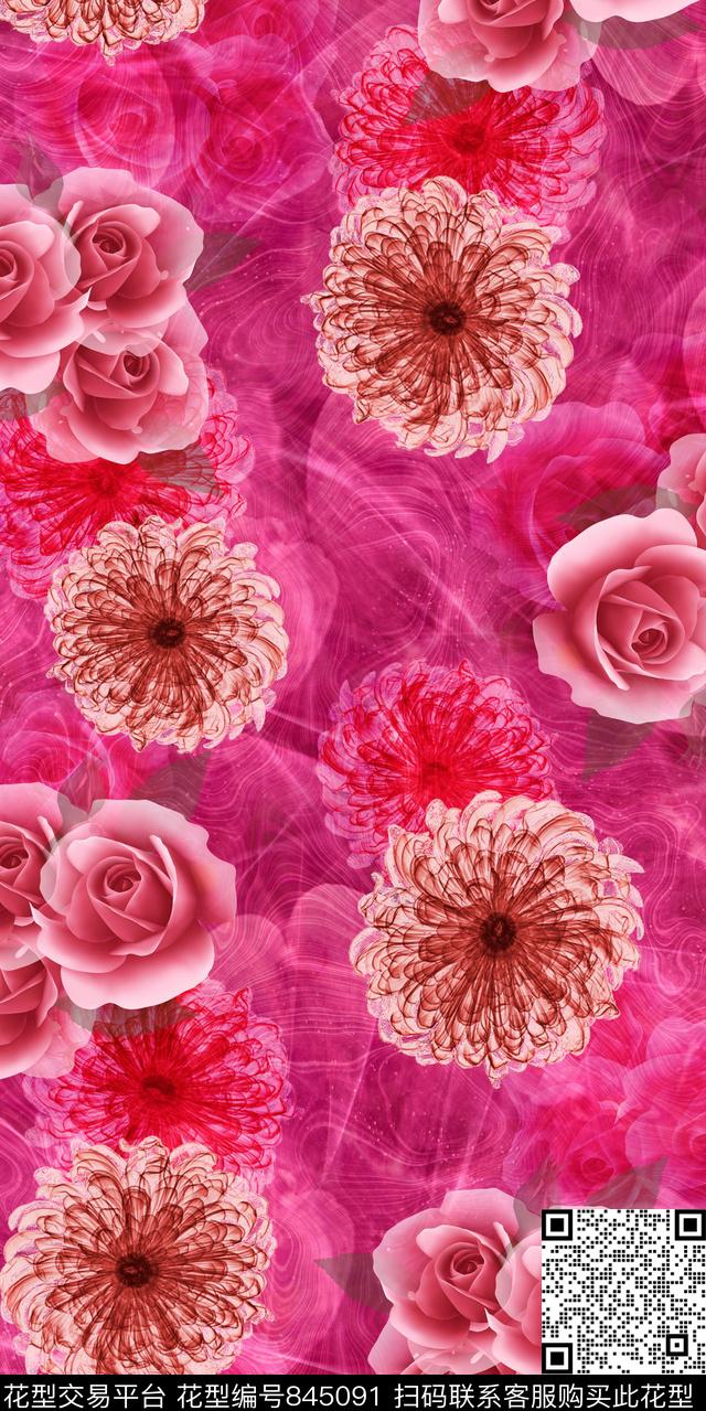 牡丹乱花大花数码印花华亿平台下载（图片编号: 845091） - 瓦栏（Walan）