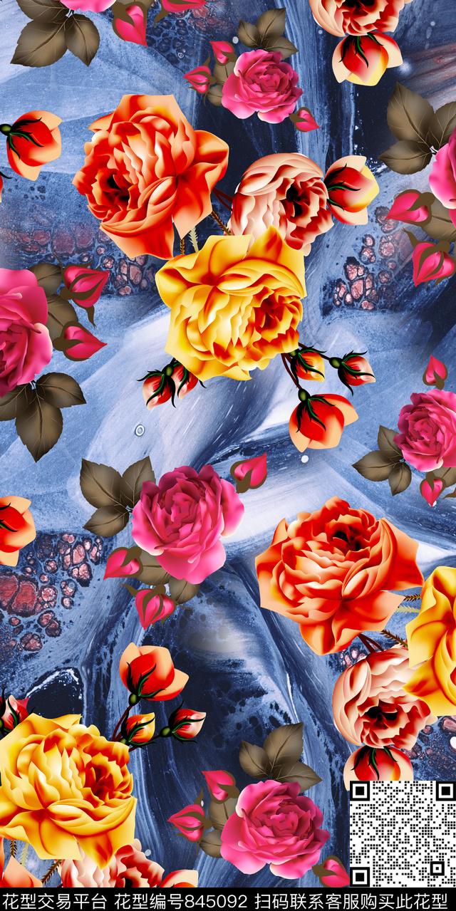 玫瑰牡丹乱花数码印花华亿平台下载（图片编号: 845092） - 瓦栏（Walan）