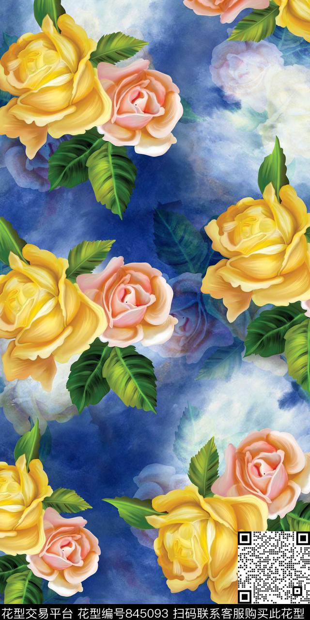 玫瑰乱花大花数码印花华亿平台下载（图片编号: 845093） - 瓦栏（Walan）