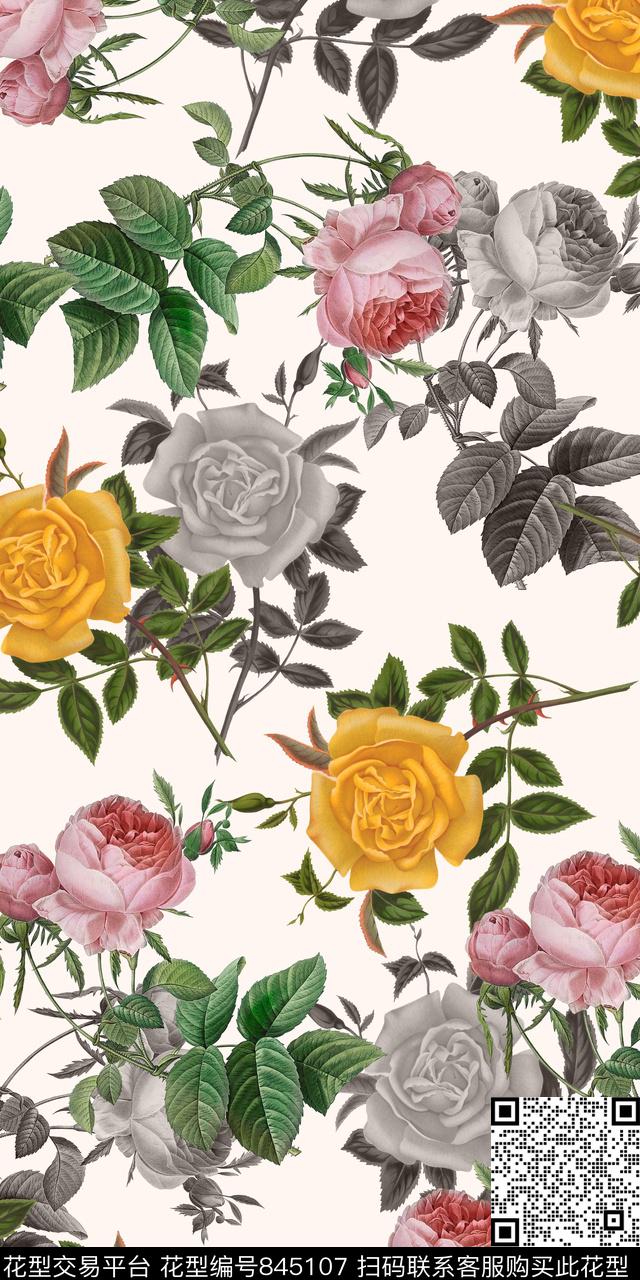 大牌花卉手绘数码印花华亿平台下载（图片编号: 845107） - 瓦栏（Walan）