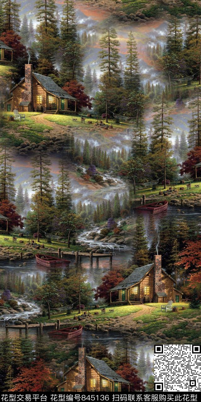 风景湖泊小屋数码印花华亿平台下载（图片编号: 845136） - 瓦栏（Walan）