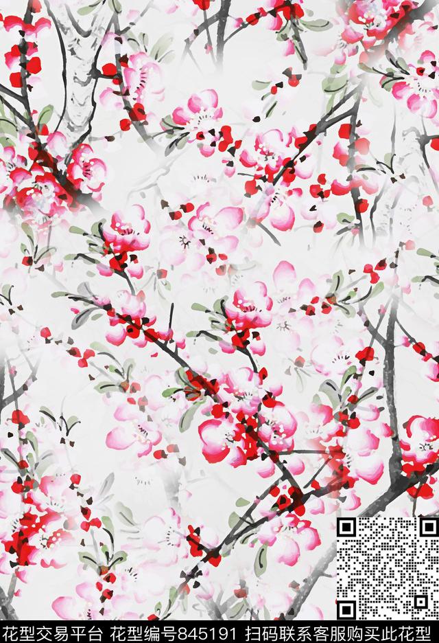 女装水墨梅花中国风数码印花华亿平台下载（图片编号: 845191） - 瓦栏（Walan）