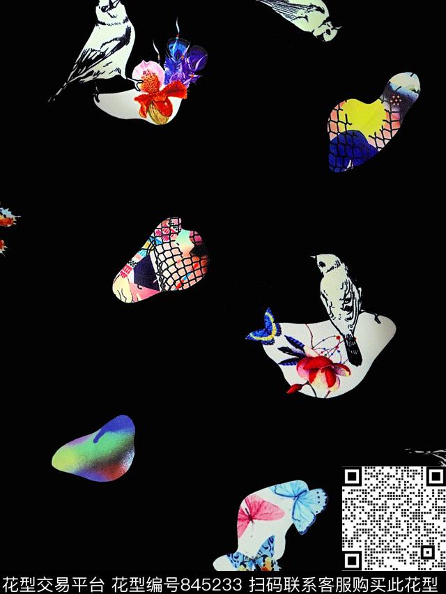 彩色几何形状剪切效果花鸟数码印花华亿平台下载（图片编号: 845233） - 瓦栏（Walan）
