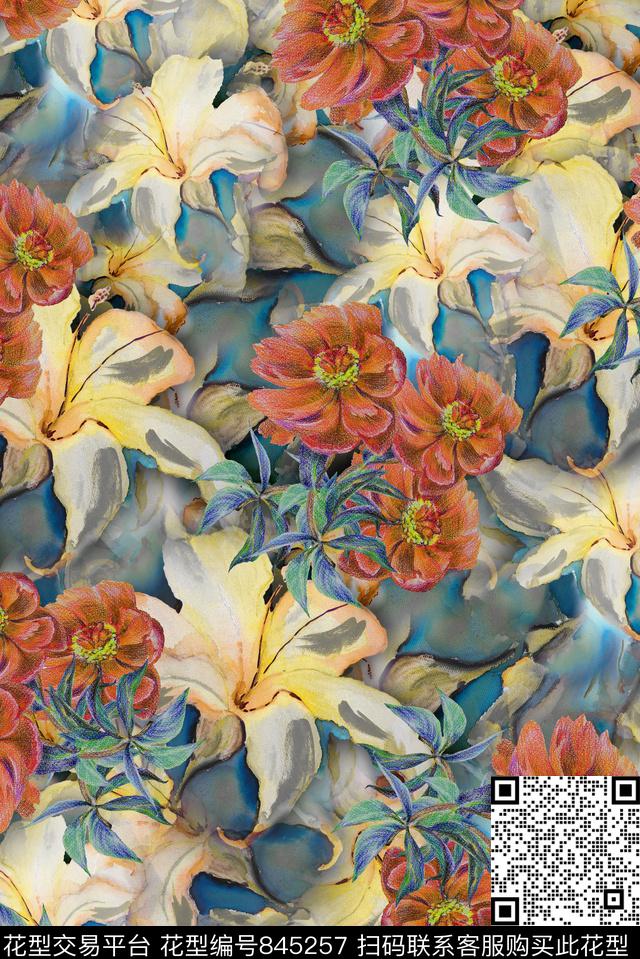 手绘花卉油画数码印花华亿平台下载（图片编号: 845257） - 瓦栏（Walan）
