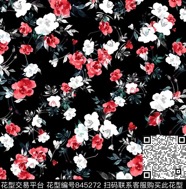 水彩玫瑰小碎花数码印花华亿平台下载（图片编号: 845272） - 瓦栏（Walan）