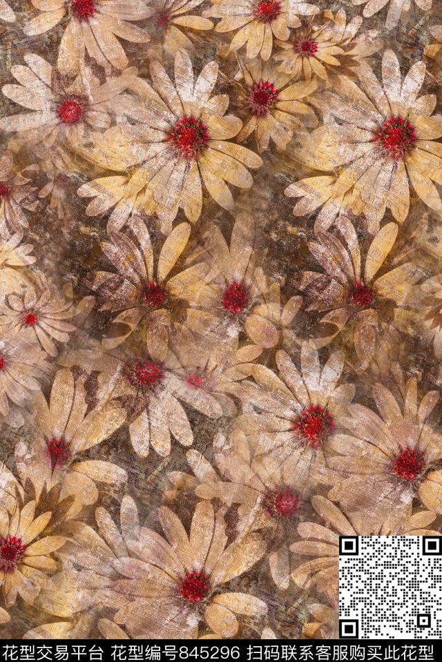 复古菊花花卉数码印花华亿平台下载（图片编号: 845296） - 瓦栏（Walan）
