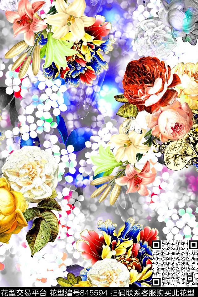 时尚手绘花卉数码印花华亿平台下载（图片编号: 845594） - 瓦栏（Walan）