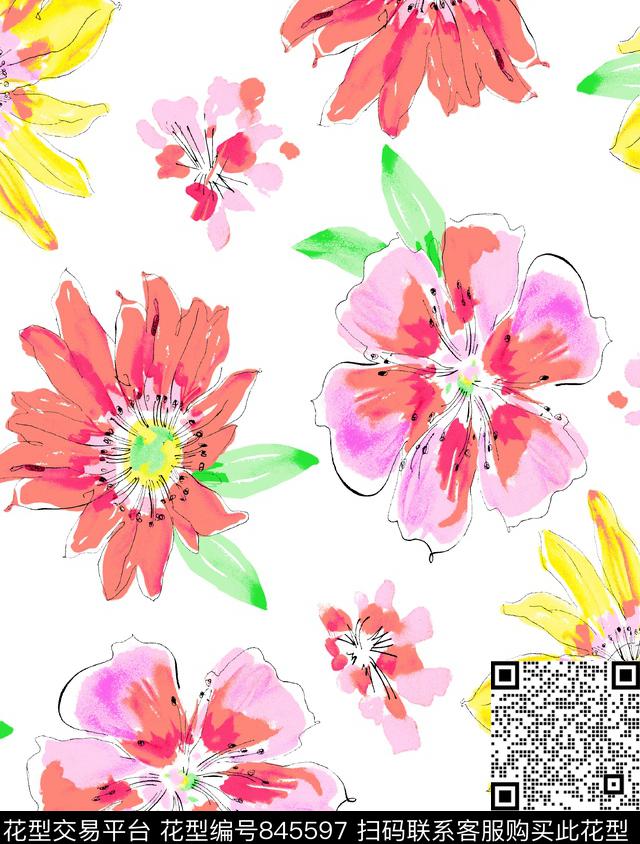 大花花卉花朵传统印花华亿平台下载（图片编号: 845597） - 瓦栏（Walan）