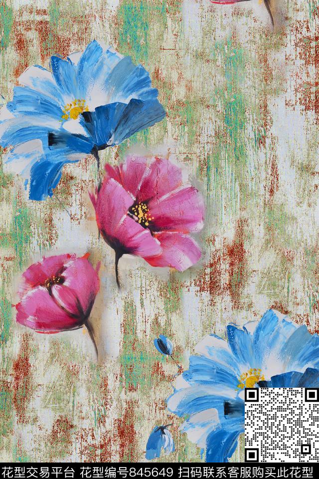 花卉油画肌理数码印花华亿平台下载（图片编号: 845649） - 瓦栏（Walan）