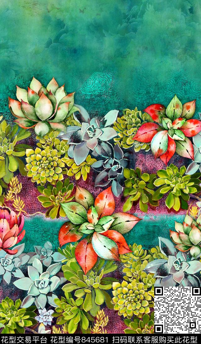 花卉多肉植物热带风数码印花华亿平台下载（图片编号: 845681） - 瓦栏（Walan）