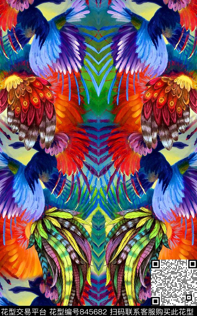 羽毛鸟对称数码印花华亿平台下载（图片编号: 845682） - 瓦栏（Walan）