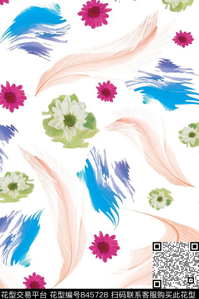 羽毛纹理花卉数码印花华亿平台下载（图片编号: 845728） - 瓦栏（Walan）