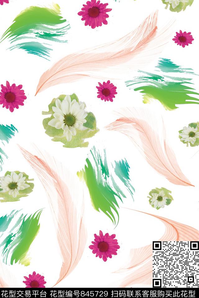 羽毛纹理花卉数码印花华亿平台下载（图片编号: 845729） - 瓦栏（Walan）