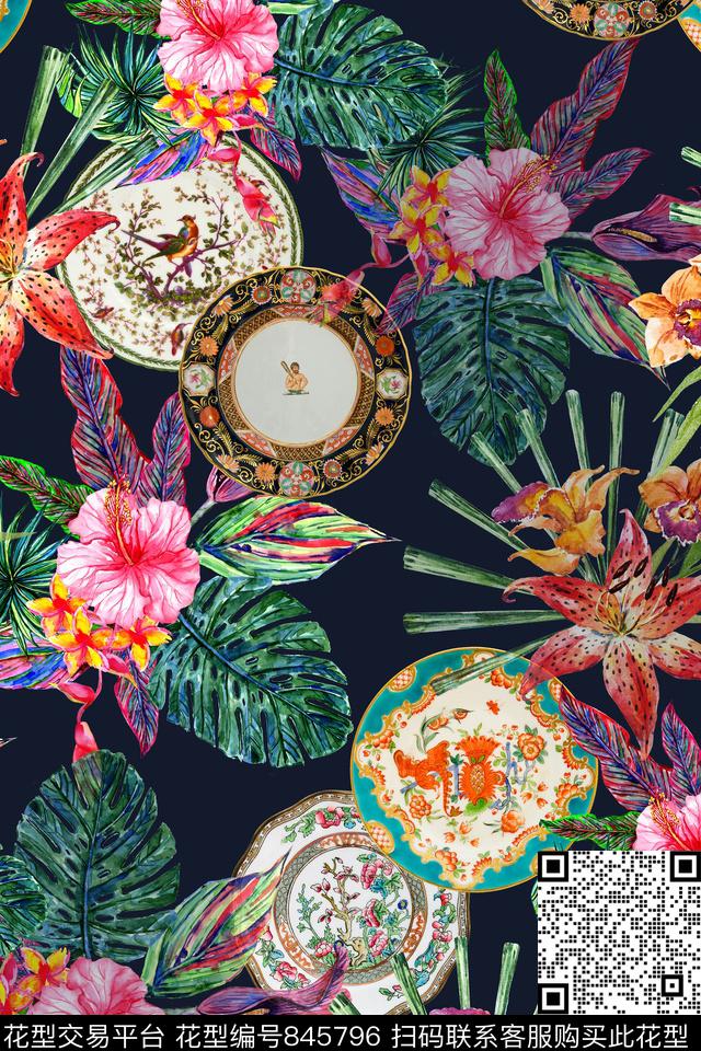 大花乱花手绘花卉中国风数码印花华亿平台下载（图片编号: 845796） - 瓦栏（Walan）