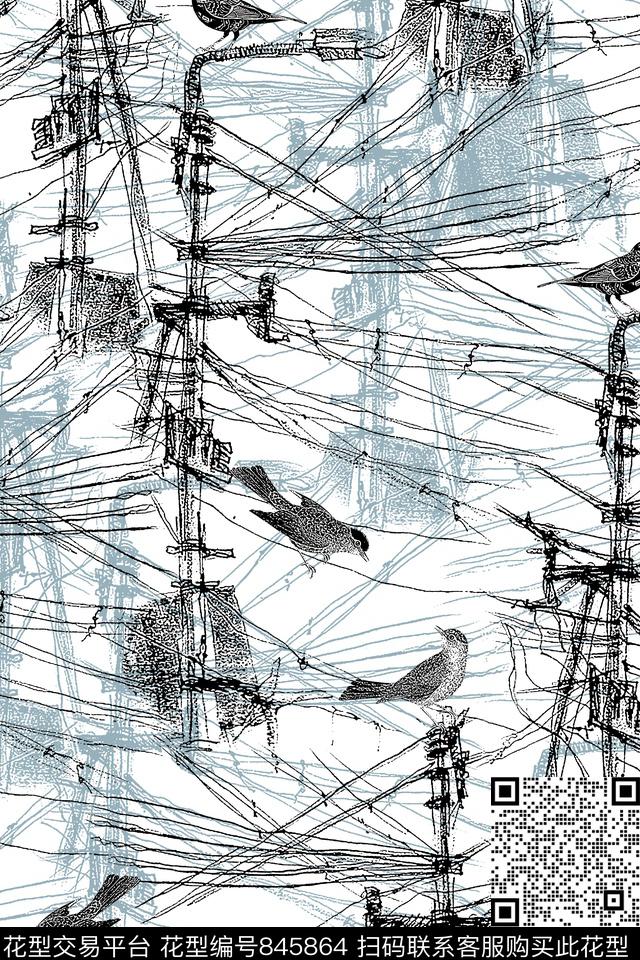 抽象纹理鸟线条纹理传统印花华亿平台下载（图片编号: 845864） - 瓦栏（Walan）
