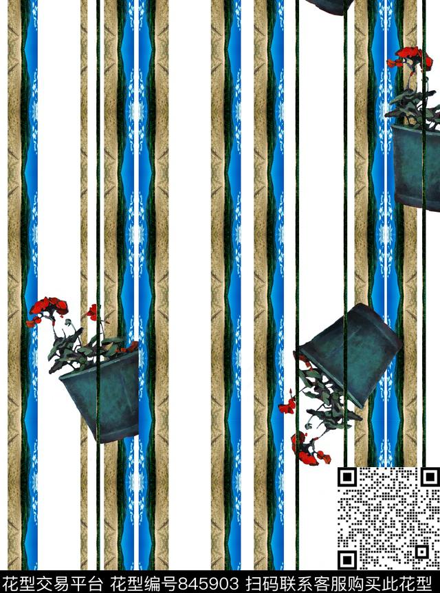 条纹竖条花卉数码印花华亿平台下载（图片编号: 845903） - 瓦栏（Walan）