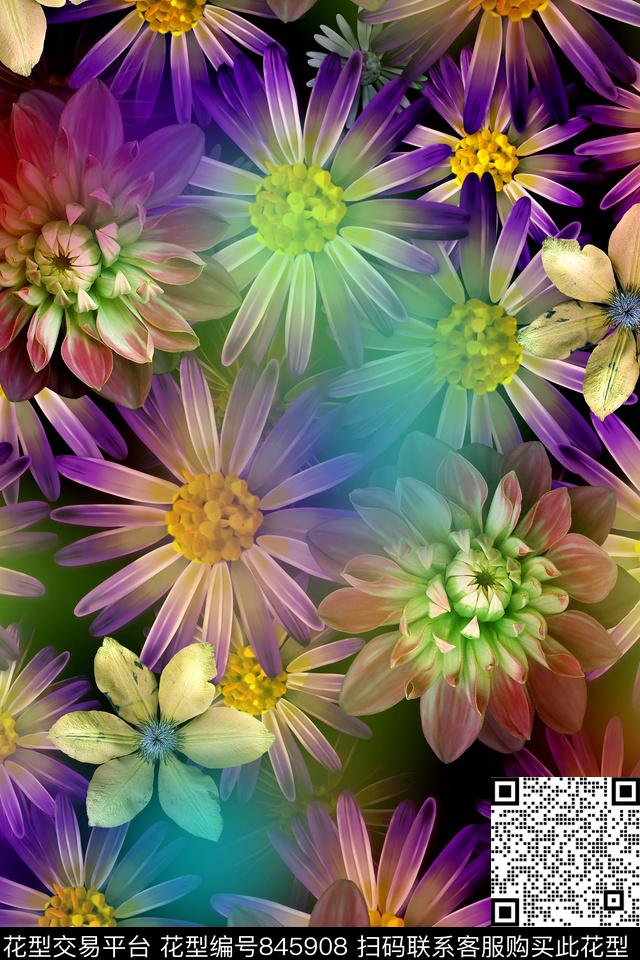 时尚手绘炫彩数码印花华亿平台下载（图片编号: 845908） - 瓦栏（Walan）