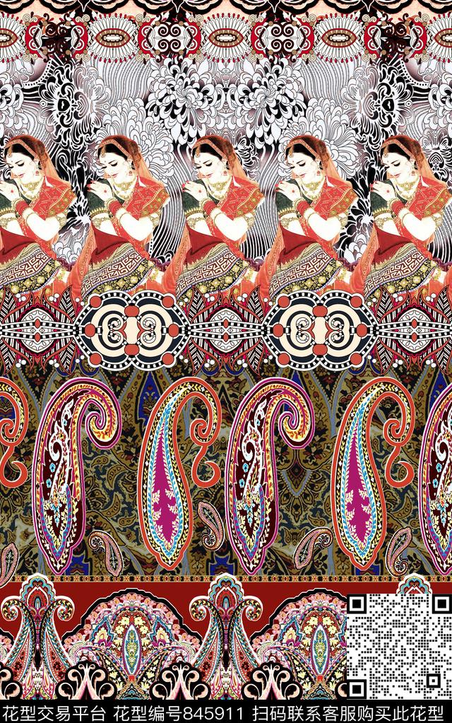 民族风卷草条纹数码印花华亿平台下载（图片编号: 845911） - 瓦栏（Walan）