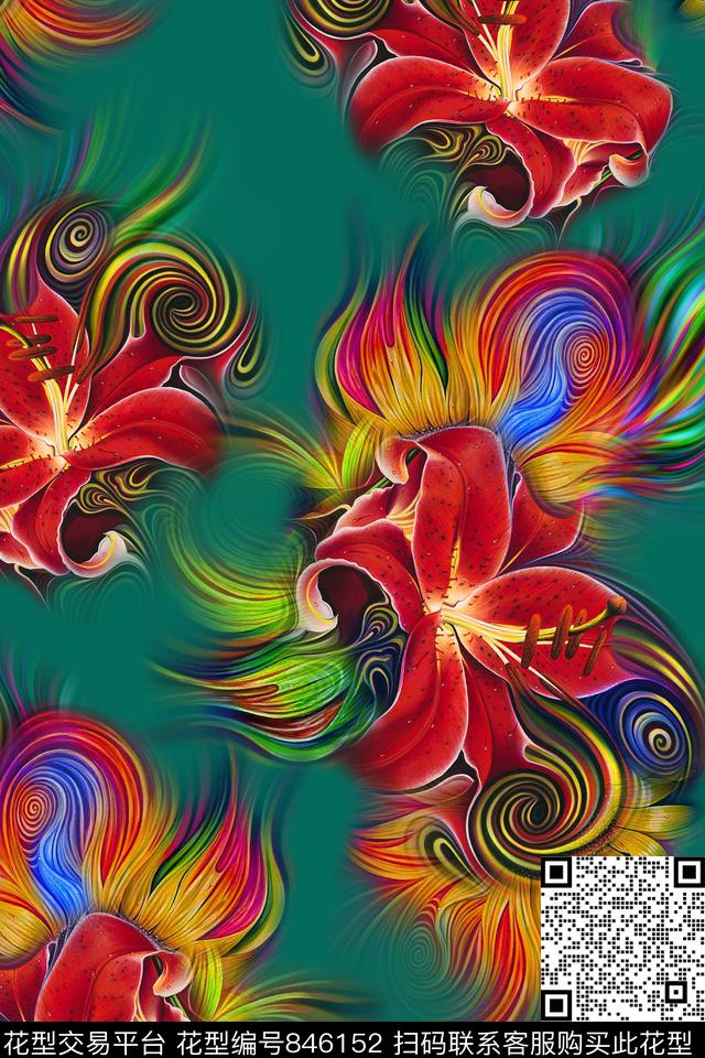 抽象花卉羽毛数码印花华亿平台下载（图片编号: 846152） - 瓦栏（Walan）