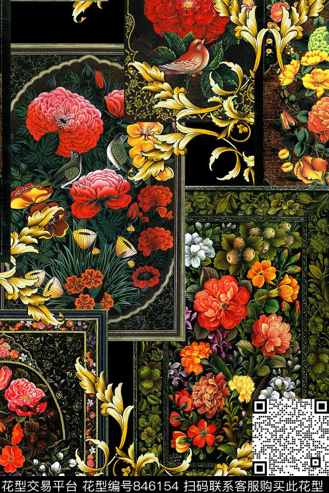 花卉几何欧式花纹数码印花华亿平台下载（图片编号: 846154） - 瓦栏（Walan）