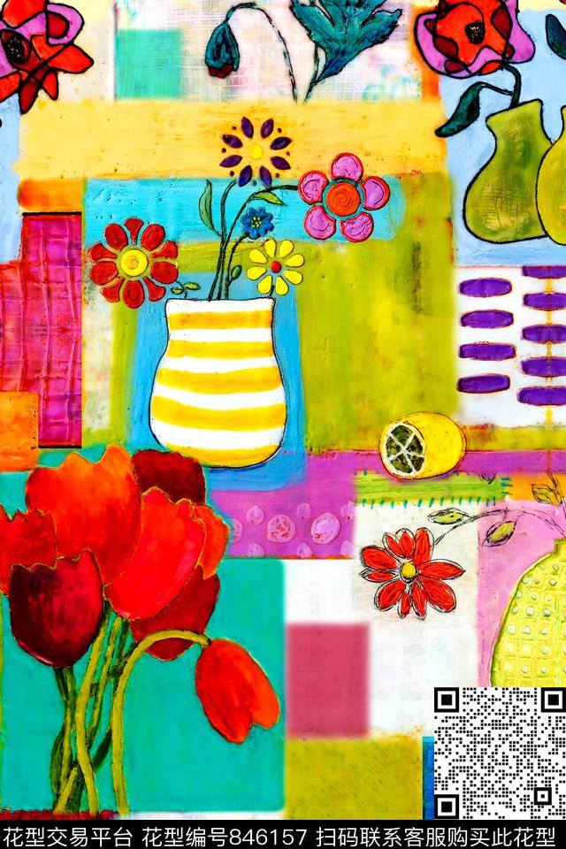 花卉几何格子数码印花华亿平台下载（图片编号: 846157） - 瓦栏（Walan）