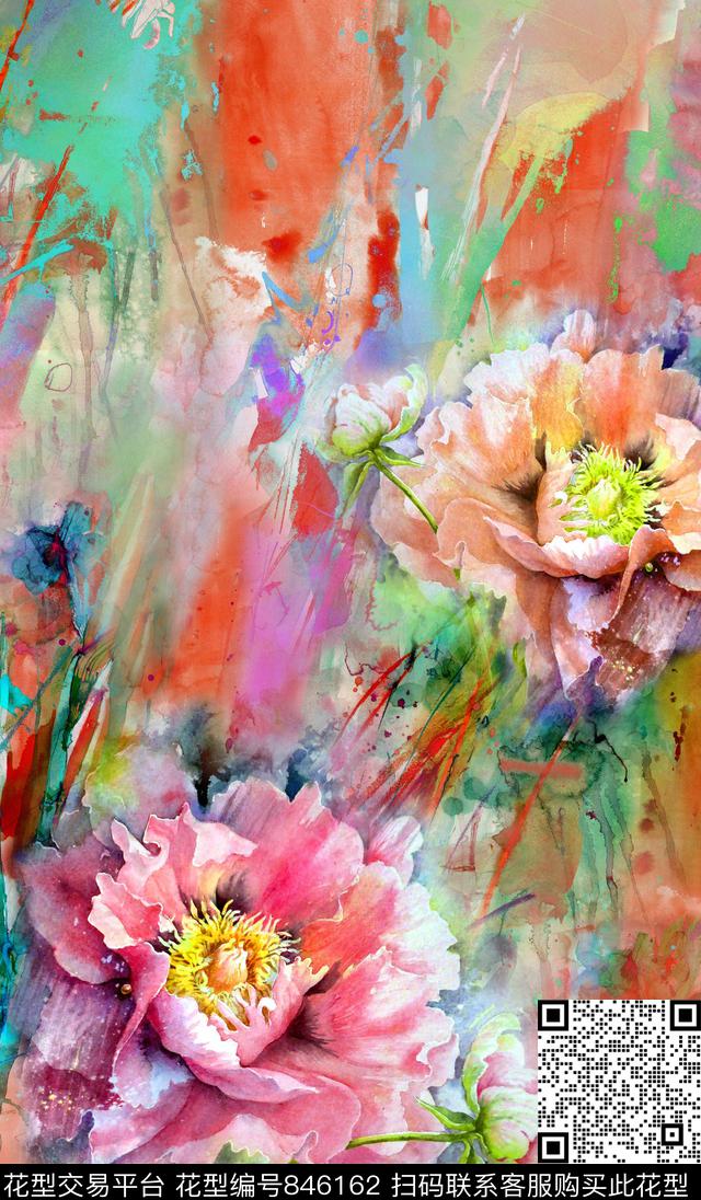水彩花卉牡丹数码印花华亿平台下载（图片编号: 846162） - 瓦栏（Walan）