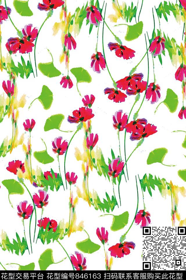 手绘花朵花卉数码印花华亿平台下载（图片编号: 846163） - 瓦栏（Walan）