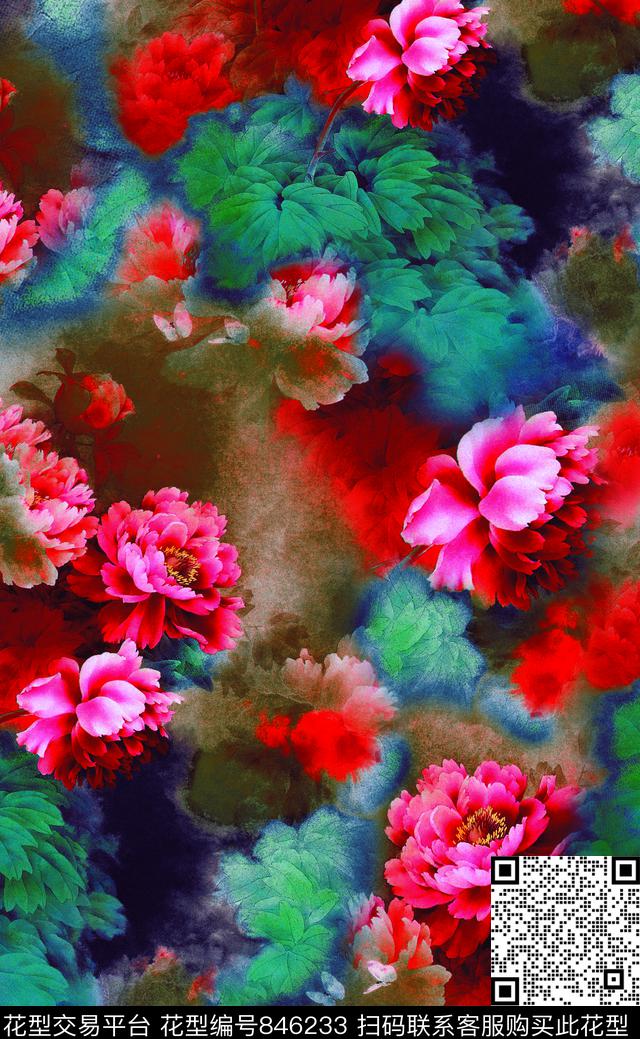 国画大花牡丹数码印花华亿平台下载（图片编号: 846233） - 瓦栏（Walan）